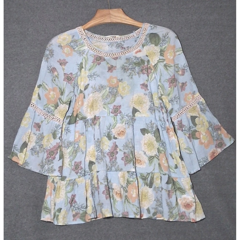 Spense Petite Crinkle Floral Peasant Blouse Powder Blue Boho Tunic PL R44805P